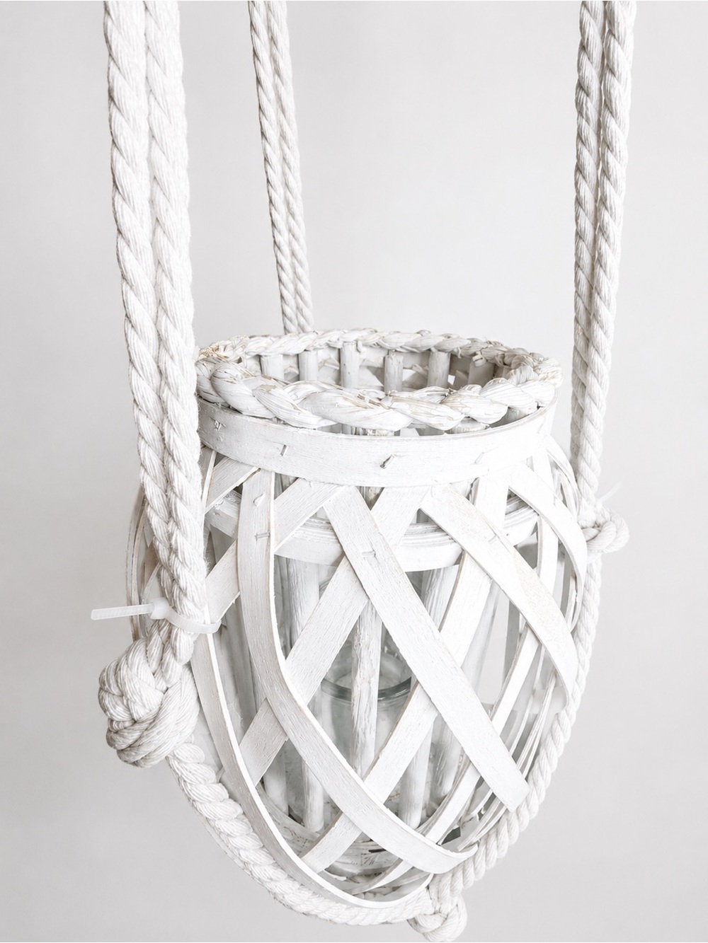 Vintage Boho White Bamboo Hanging Lantern Candle Holder | Coastal Cottage Decor - Picture 2 of 5